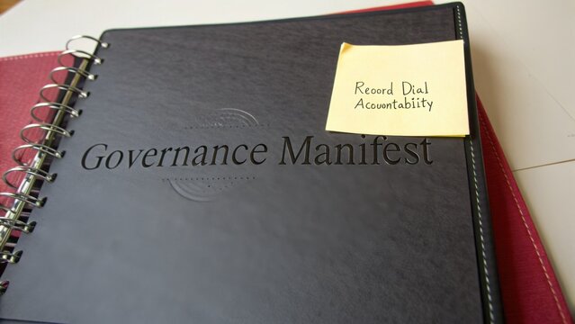 Governance Manifest Document with Sticky Note on Accountability Strategy for Effective Leadership and Management Practices