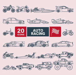 Obraz premium 20 Racing Vehicle Icon Set - Line Art Style