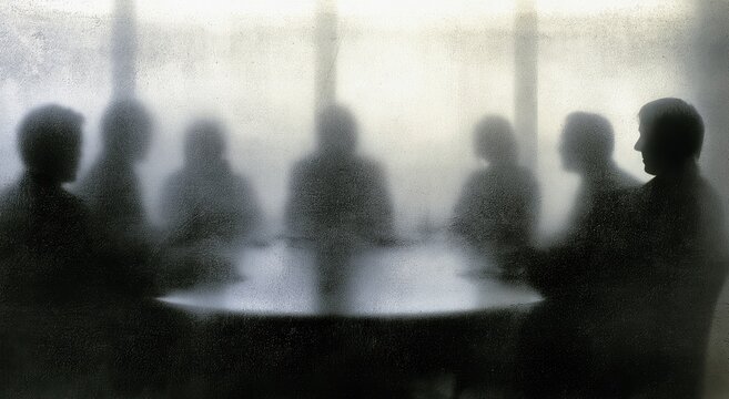 Silhouetted figures gather around a circular table, their forms blurred and indistinct