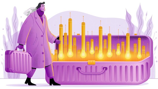 Woman walking next to giant open purple suitcase with glowing lightbulbs.
