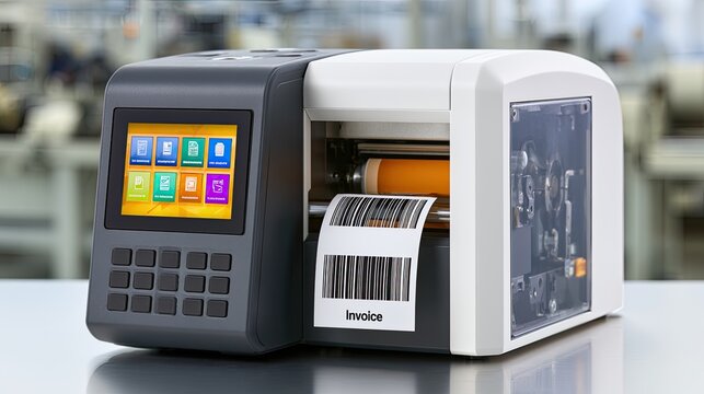 Compact digital imprinter with touchscreen prints barcode labels, in a factory