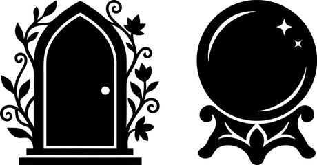 Gothic archway and crystal ball silhouette icons for magic and mysticism with mysticism silhouette esoteric © Aleya