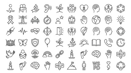 Naklejka premium A collection of diverse line icons representing concepts like health, community, support, and growth.