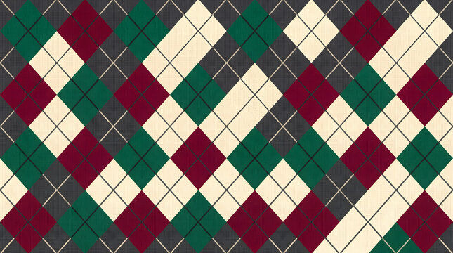 Classic Argyle Diamond Pattern in Burgundy, Forest Green, and Cream Colors