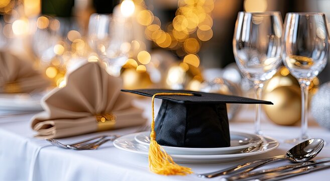 Elegant table setting with graduation cap and bokeh lights for celebration