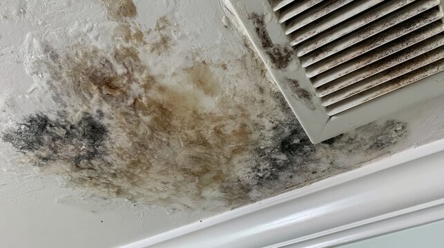 Water damage and mold growth on a textured ceiling, near a vent