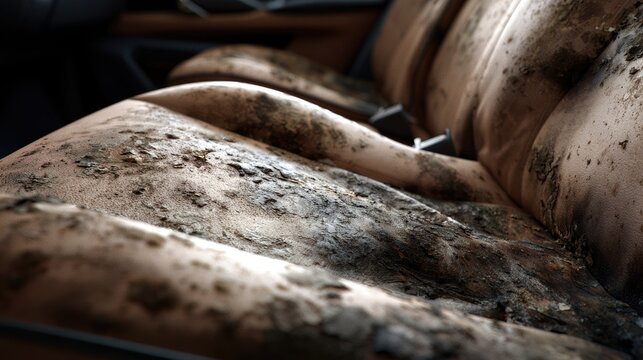 Heavily soiled leather car seats with dried mud, dirt, and debris