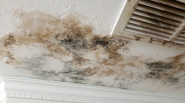 Water damage on a textured ceiling shows dark mold growth near a vent