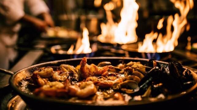 Seafood sizzling and flamed in a large pan over an open flame