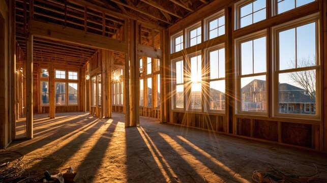 Sunlit interior of a house under construction, casting long shadows