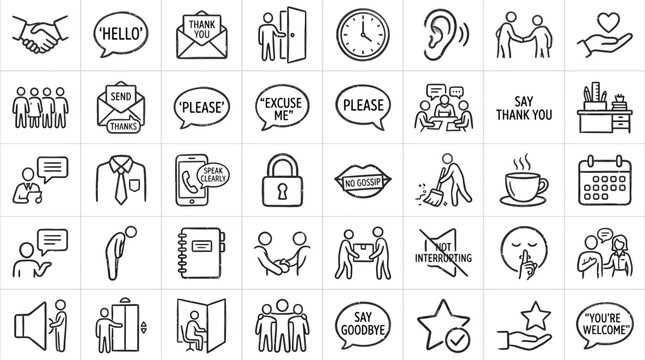 Collection of line icons representing communication, business, and social interactions.