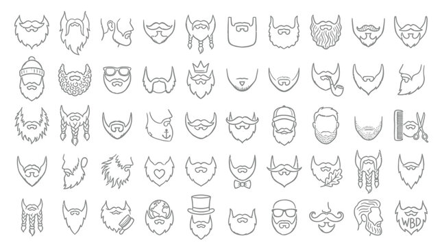 Collection of various beard styles and mustache icons in a clean outline drawing.