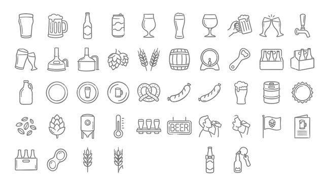 A collection of line art icons representing various aspects of beer and brewing, including glasses, bottles, cans, ingredients, and equipment.
