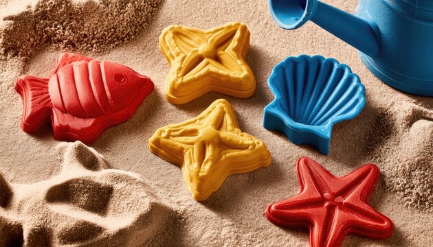 Colorful ocean-themed sand molds and a blue watering can on beach sand