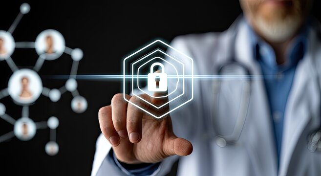 Medic touching digital lock icon, symbolizing secure health data network