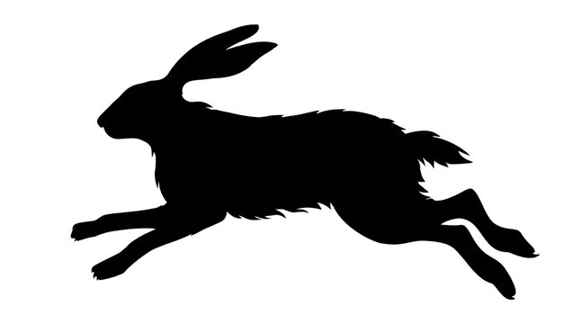 Black silhouette of a running hare isolated on a white background minimalist style