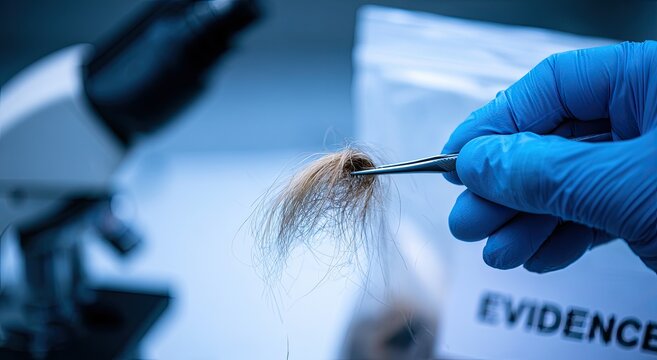 Gloved hand holds hair sample with tweezers near microscope and evidence bag