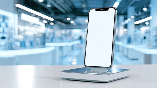 Sleek smartphone on display stand in brightly lit, modern retail environment