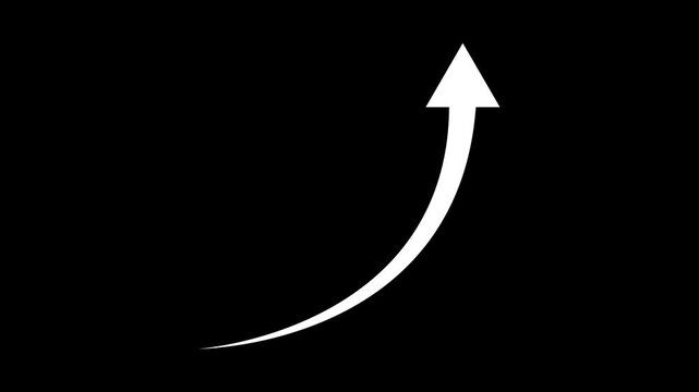Elegant thin white arrow curving upwards from bottom left to top right & on black background 4k animation.