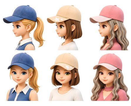 3D Female Portrait Collection with Baseball Caps Based on Original Hand-Drawn Artwork