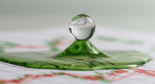 A perfectly clear droplet reflects a complex chart on a liquid surface