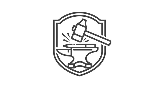Corporate Black and White Shield Logo Featuring Blacksmith Hammer and Anvil for Craftsmanship Industry or Metalworking Branding