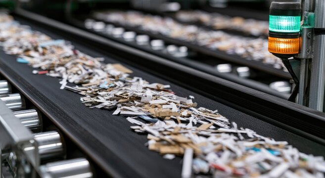 Shredded paper material moving on a conveyor belt in a sorting facility