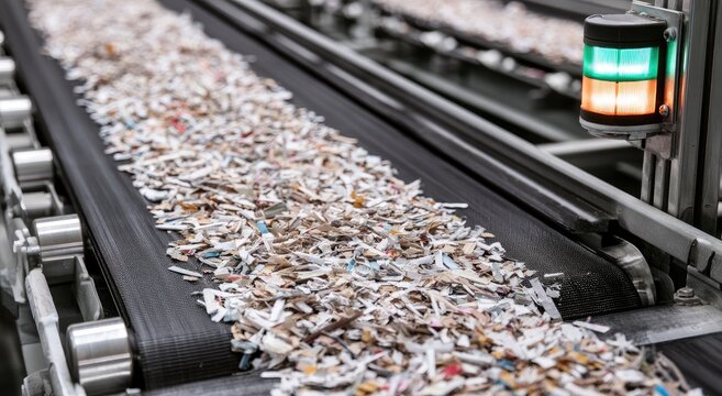 Industrial conveyor belt transporting shredded materials