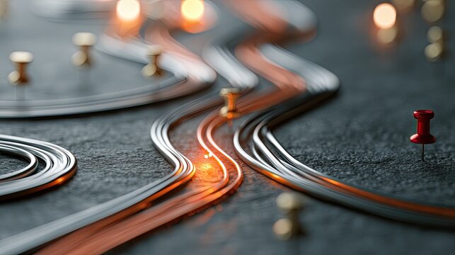 Winding path of metallic lines and glowing lights, marked by pins