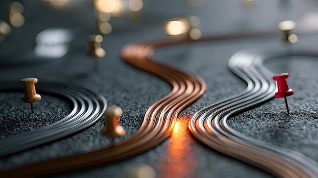 Winding paths, marked by pins, converge and diverge in abstract, blurred background