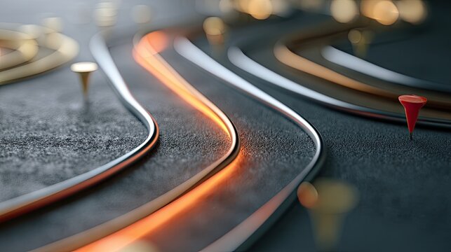Abstract network of glowing paths with markers on a textured surface