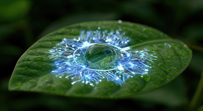 A luminous digital circuit overlaying a dewdrop on a green leaf