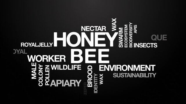 Honey bee awareness  concept Animated Tag Word Cloud kinetic typography, Text Design Animation typography seamless loop video motion graphics Intro Wordart arrangement white type on black background b