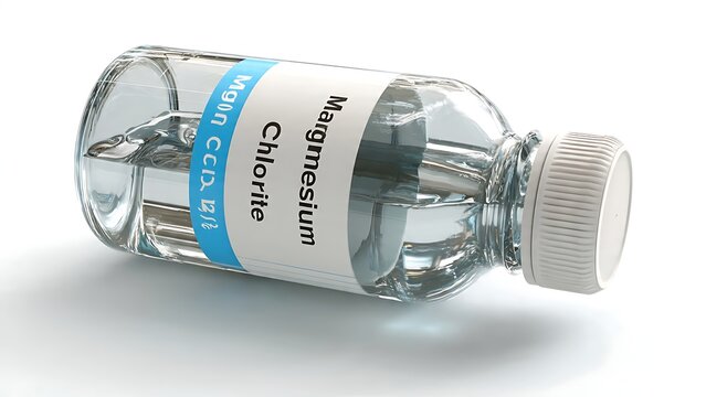 Clear glass bottle containing magnesium chlorite liquid solution on white background