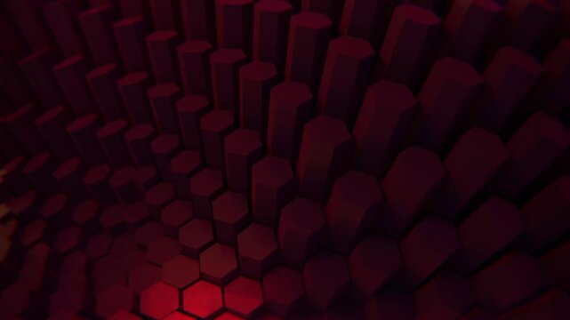 4K Abstract 3D Hexagonal Pillars Wave Motion Red Glow Digital Art Loop