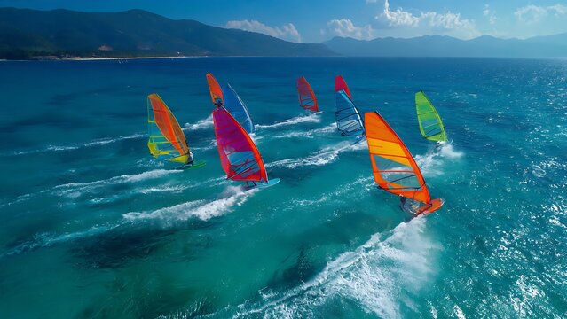 Group of windsurfers racing across the blue ocean in a high angle aerial view