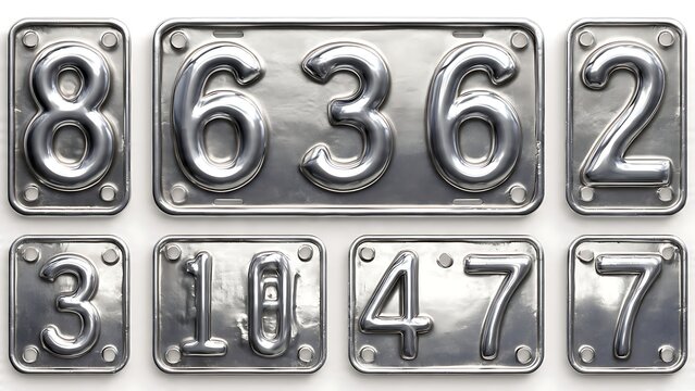 Shiny Metallic Number Plates Arranged in a Grid on a Clean White Background