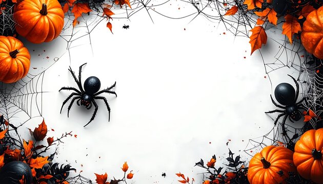 Halloween frame with pumpkins and spiders, autumn leaves and splatters, spooky festive border for cards or invitations, fall celebration theme