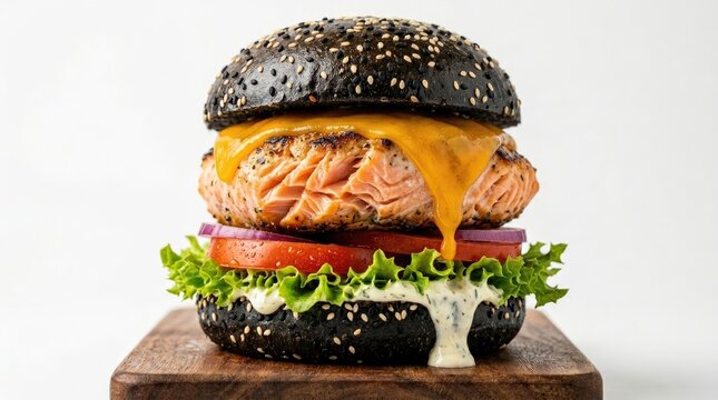 A gourmet salmon burger with a black sesame seed bun and melted cheddar cheese on a rustic wooden board against a plain white background