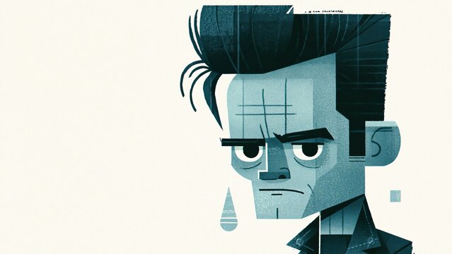 Grumpy man with pompadour cries in stylized geometric portrait.