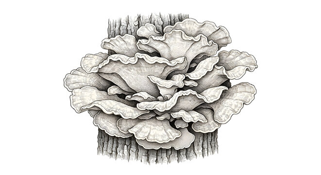 Detailed vintage engraving illustration of shelf fungi cluster growing on a textured tree trunk