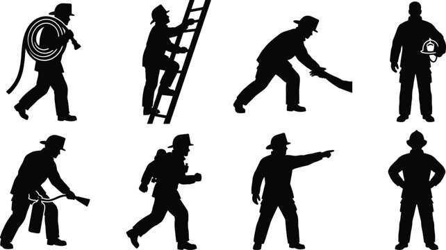 Black silhouettes of firefighters in various actions white background emergency responders