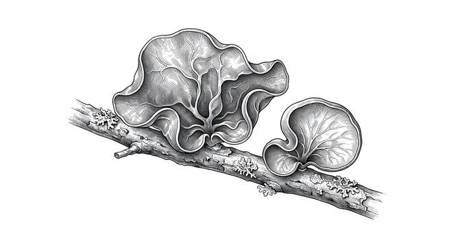 Detailed vintage engraving illustration of fungi growing on a thin forest branch