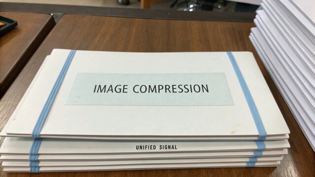 Stacked Document Folders on Table Featuring Image Compression Topic for Technology and Data Processing Insights