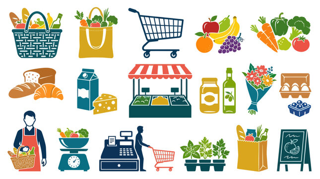 Flat Design Icons of Groceries and Shopping for Food Industry