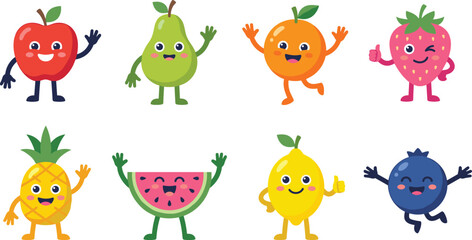 Fototapeta premium Colorful cartoon fruits with smiling faces and arms apple pear orange strawberry pineapple