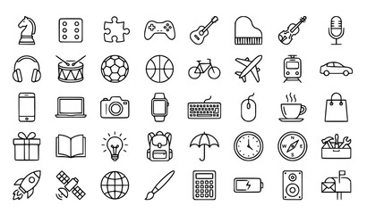 Hobbies and Technology Lifestyle Line Icon Set Chess Music Sport Travel Gadget Vector Illustration Isolated Collection © Md