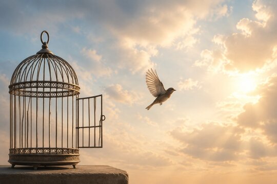 An open birdcage door with a small bird flying toward a cloudy sky.