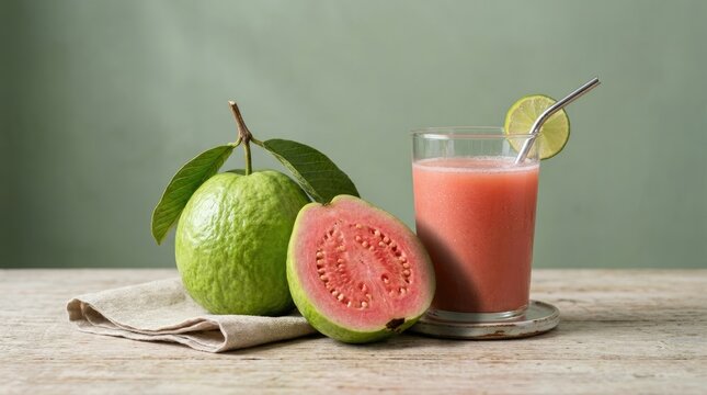 Fresh pink guava fruit whole and sliced with a glass of healthy guava juice served with a lime slice on a rustic wooden table surface