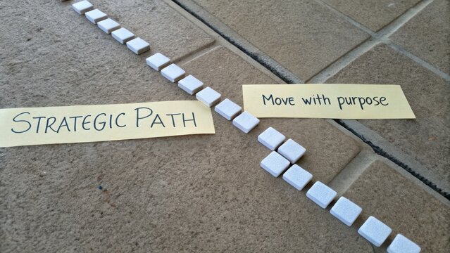 Strategic path marked by stones with motivational messages to move with purpose on a textured outdoor surface
